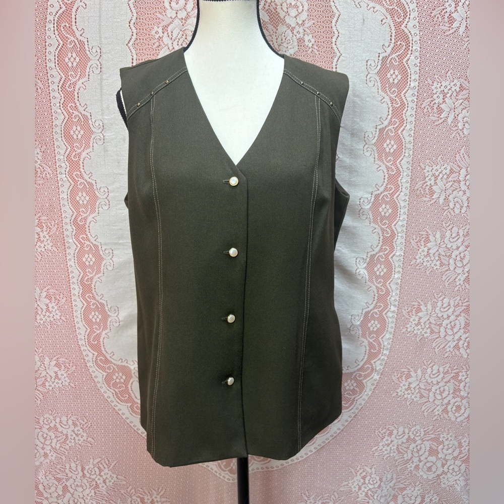 Vintage Hiroko Olive Tailored Vest Size 8 Contrast Stitch Y2K Minimalist Waistco